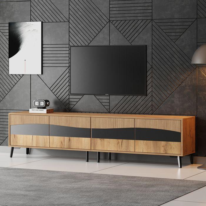 Meuble TV - LEMONBEST - Meuble TV de salon moderne - 180x40x50 cm - 4 portes - Bois & noir