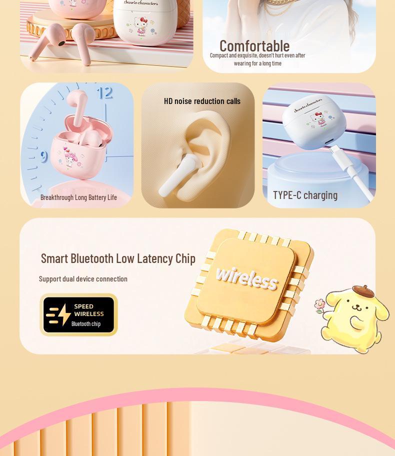Hello Kitty Sanrio B03 Wireless Noise-Cancelling Earphones - Cute Cartoon Unisex Semi-In-Ear Bluetooth.