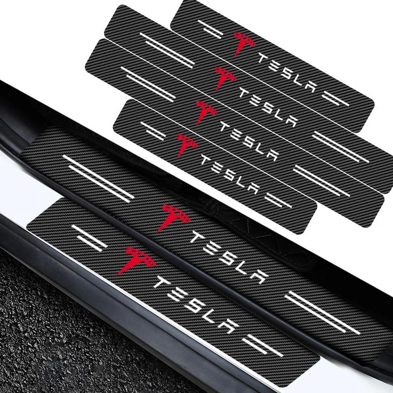 ysdkf1 4pcs Carbon Fiber Car Threshold Protection Sticker Car Accessories For Tesla Model 3 Model S Model X Y Roadster Performance
