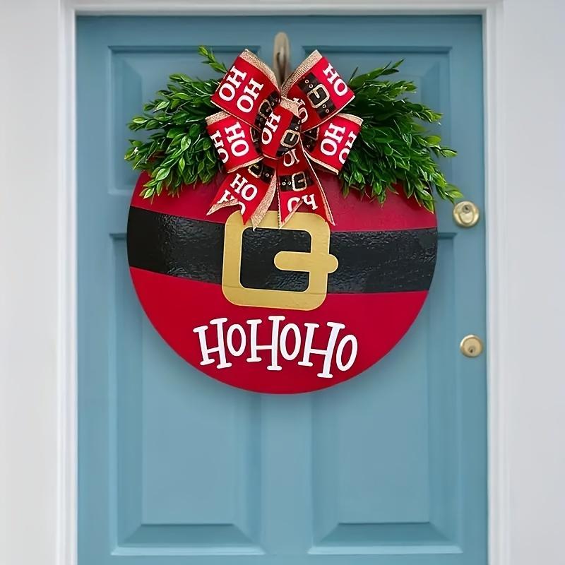 1pc Festive Christmas Wooden Door Sign with Red  Checkered Pattern - Artificial Greenery and Ribbon Accents-  Christmas
