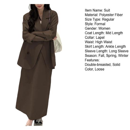 Женский костюм из 2 предметов, пальто, юбка, двубортный пиджак с длинными рукавами и лацканами, средней длины, свободная юбка с высокой талией, формальный деловой стиль, наряд