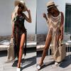 Boho Beach Dress for Women Hollow Fringe Hem Sexy Cover Up Dress Summer Bathing Suits Smock Crochet Tassel Sling Beachwear