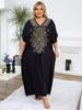 2024 Vintage Black Plus Size Kaftan Women Dress V Neck Embroidery Short Sleeve Elegant Robe Comfortable Beachwear Swimwear Coverup Q1686