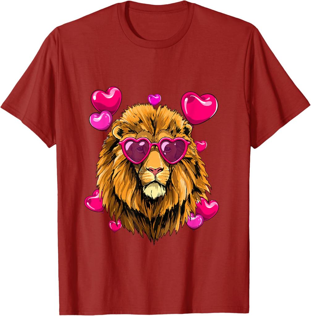 Lion Wearing Heart Sunglasses Valentines Day Graphic Tee Men Casual Short Sleeve T-Shirt