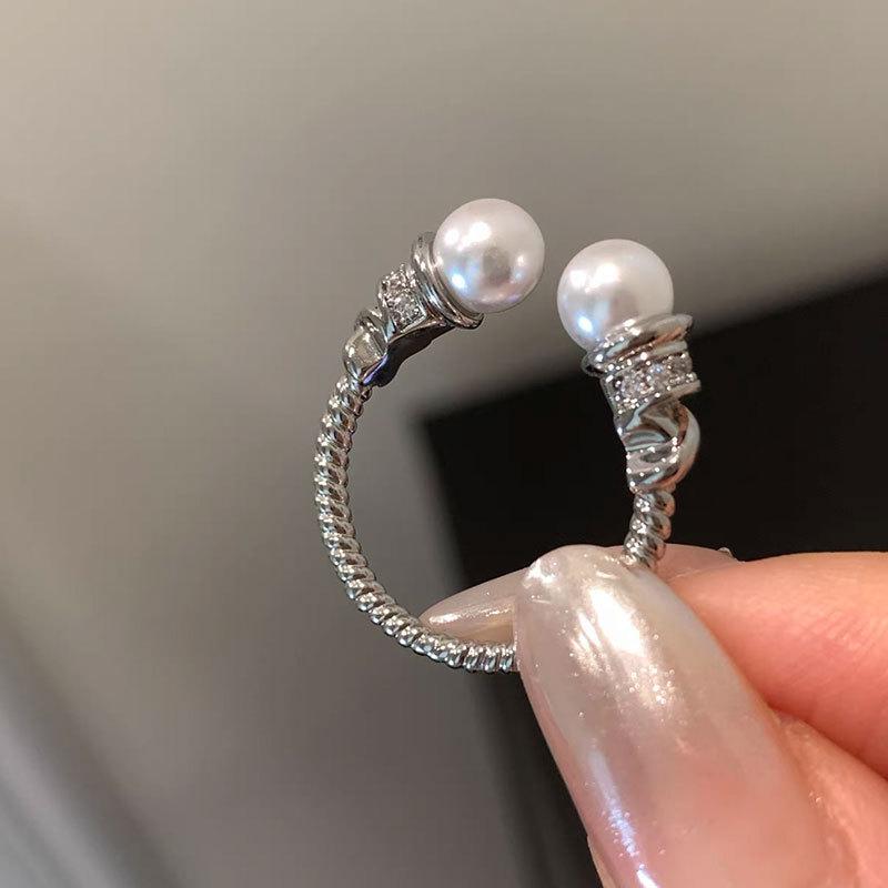 Light Luxury High-End Zircon Pearl Open Ring, Women'S Gentle Niche Fashion Temperament Commuting Versatile Ring Ring