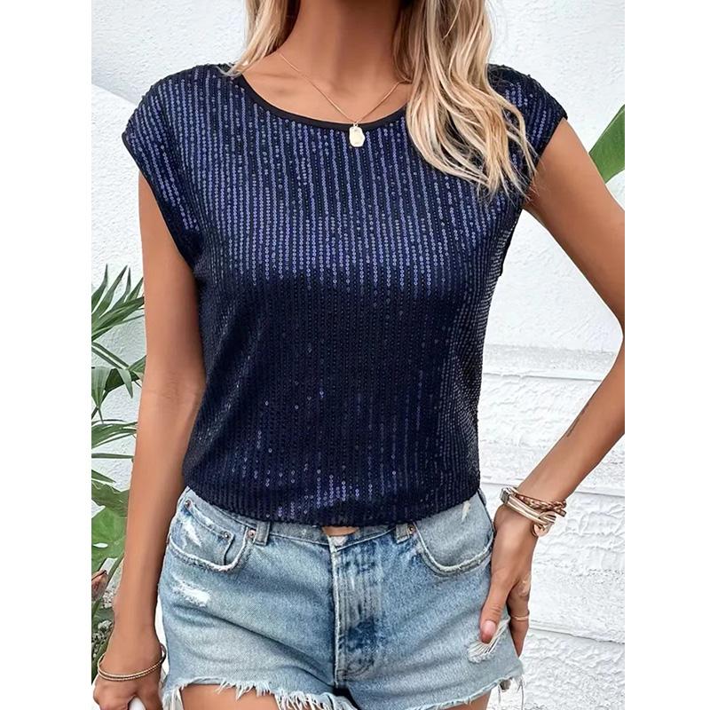 Женская мода, повседневная футболка с круглым вырезом и блестками, пуловер с короткими рукавами, топ