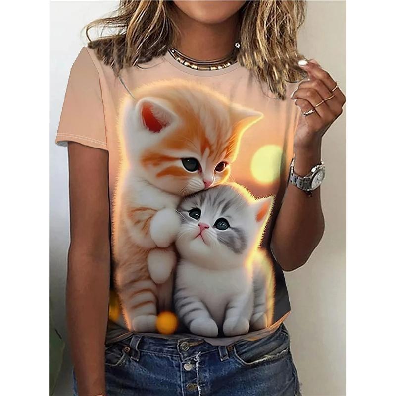 Funny Cat Pattern T Shirt For Women Clothing Cute Animal 3D Printed Short Sleeves Summer Oversized T-Shirts O-Neck Girl Tops Tees