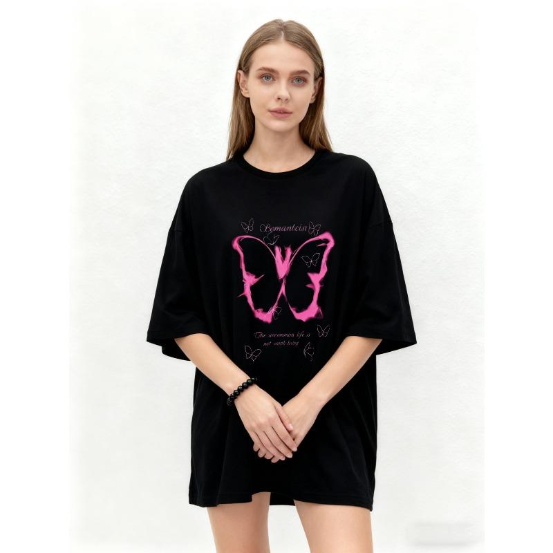Oversized T Shirt Black Romanticism Butterfly Print With Inspirational Quote Casual Streetwear For Women