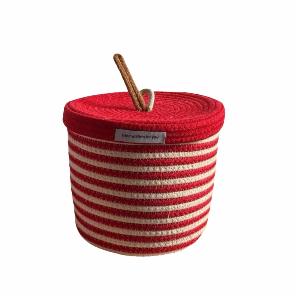 Red White Storage Basket Cotton Tead Woven Handmade Woven Basket Cartoon Design Versatile Function Organizer Basket