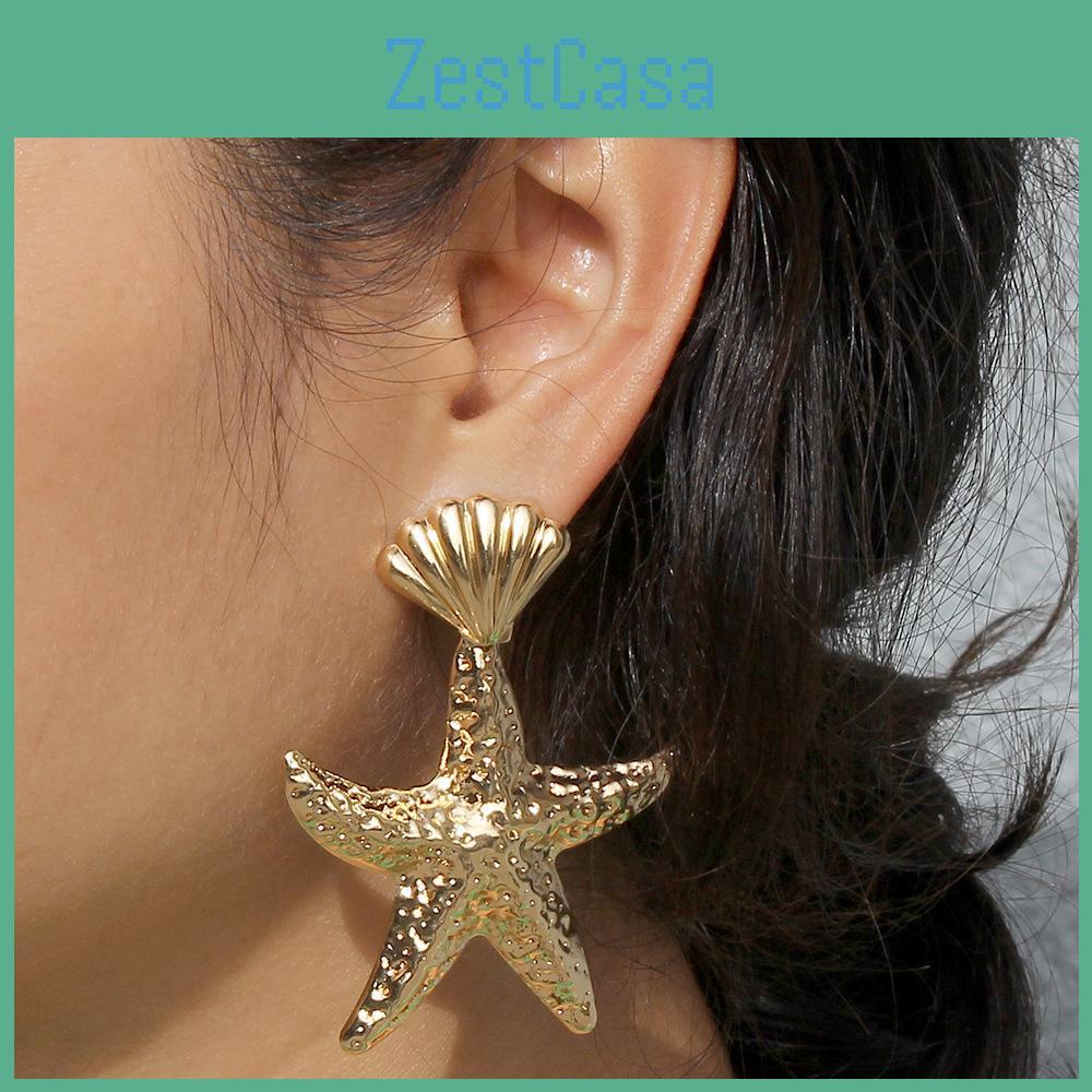 Gold Fashionable Shell Starfish Design Women Metal Earrings For Beach Summer