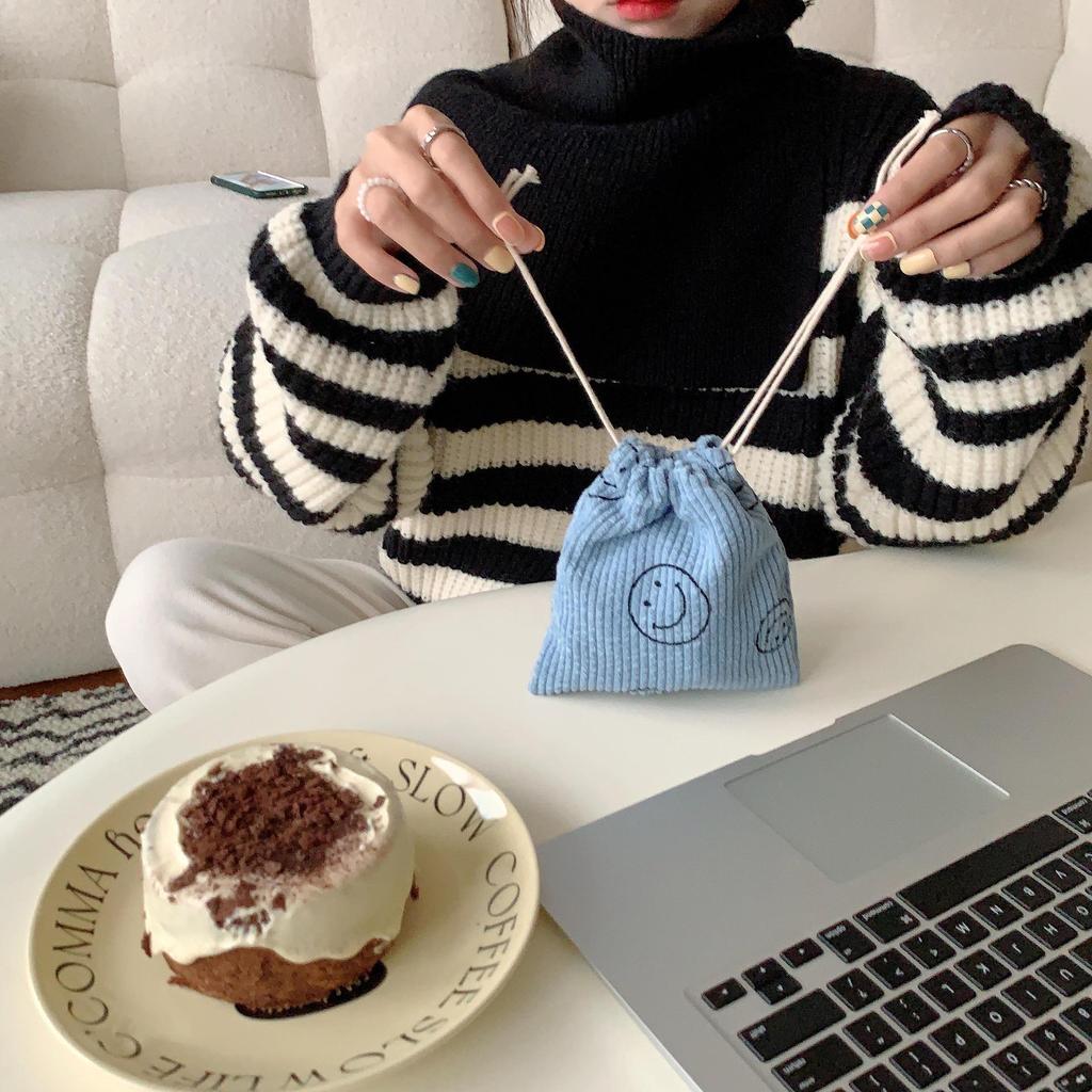 Сумка для хранения косметики и всякой всячины из вельвета в стиле ретро со смайликом на шнурке