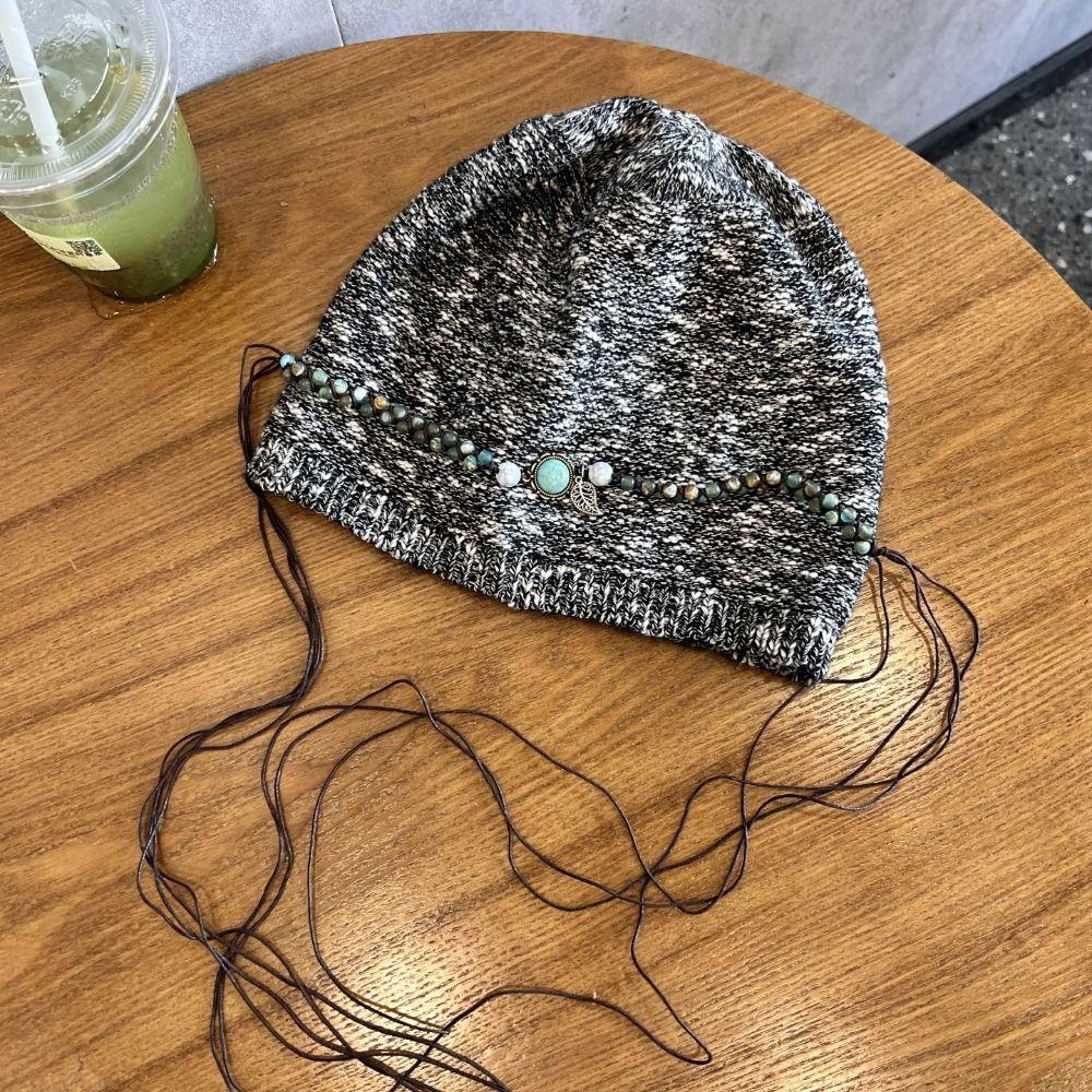 Ethnic Style Knitted Pullover Hat Coldproof Beaded Fringed Cap Fashion Jacquard Woolen Hat  Outdoor