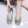 Fashion Ladies Footwear Diamond Square Toe Slip-on Green With Crystals Heel Women's Flat Shoes 2025 Summer Trend Promotion 39 Social Y2k