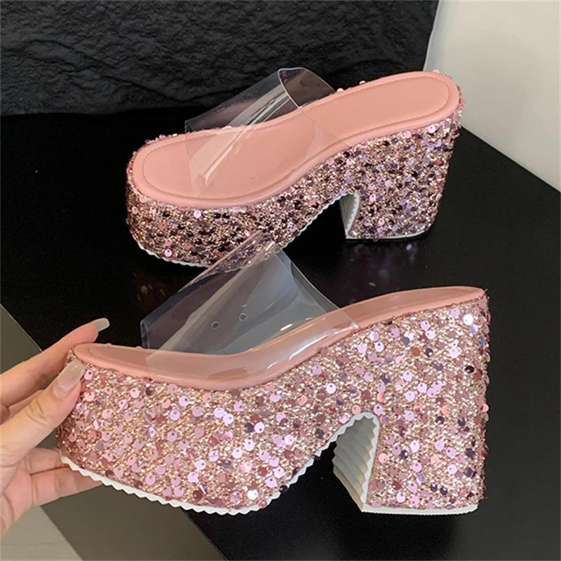 Eilyken Summer Transparen Sequin Cloth Platform Open Toe Women's Slippers Designer Square High Heels Shoes