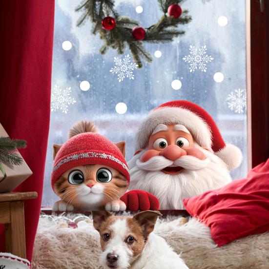 Santa Claus Cat Window Cling Removable Waterproof PVC Winter Merry Christmas Static Glass Sticker Holiday Party Decoration Decal
