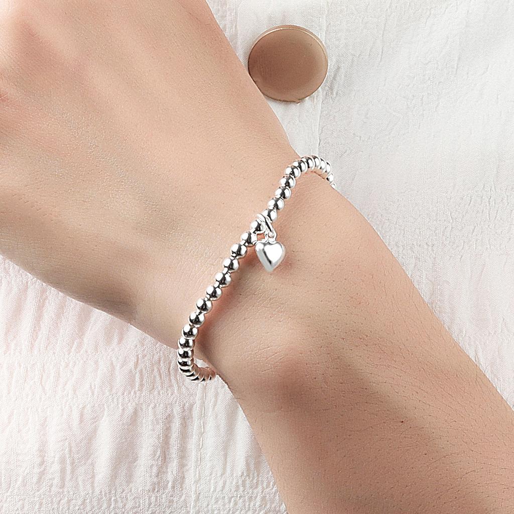 Minimalist S925 Silver Stretch Bracelet For Women With Square Smile Face And Heart Beads Elegant Simple Jewelry Gift