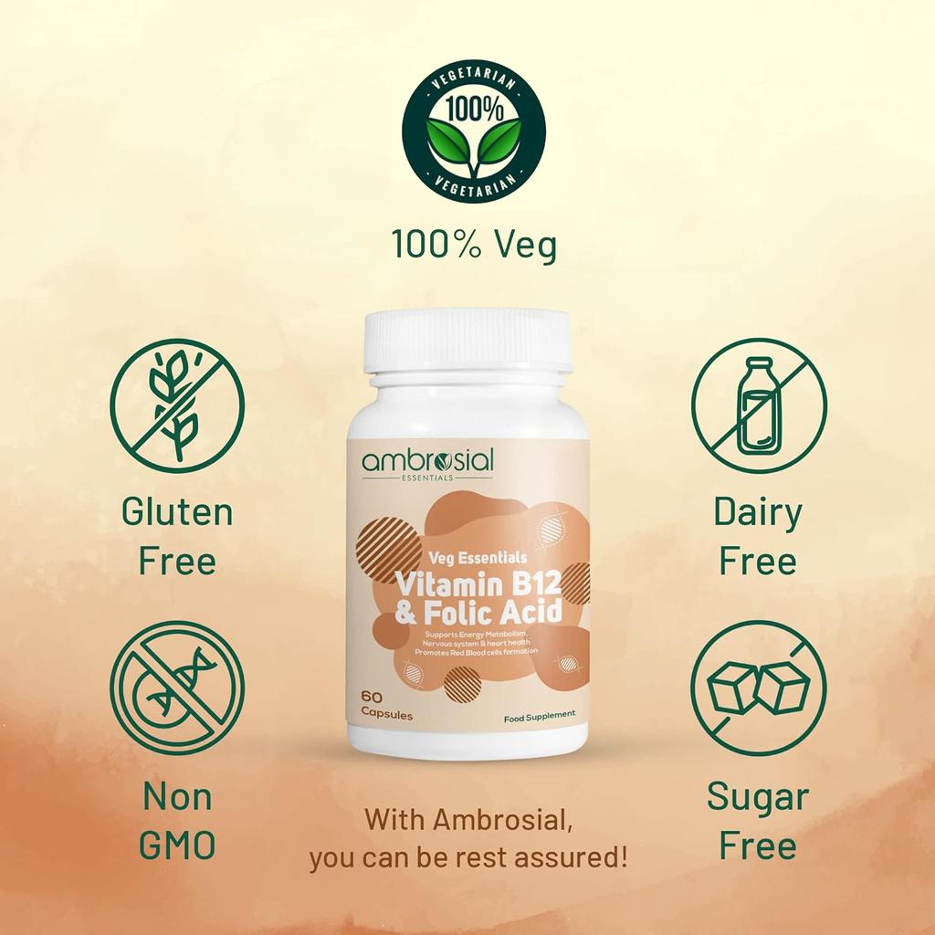 Ambrosial Vitamin B12 1000 мкг + 500 мкг фолиевой кислоты | 1500 мкг | Добавка B12 | Поддержка иммунной системы, энергии и мозга (Упаковка 1-60 капсул)