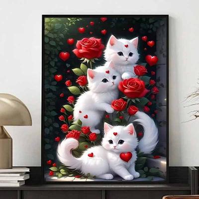 Набор для алмазной живописи «Белый кот и цветы», 5D DIY Полная алмазная мозаика, Декоративные настенные панно