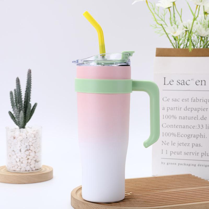 304 Stainless Steel Handle Ice Cream Cup 40oz Large Capacity Gradient Car Cup Vacuum Straw Insulated Cup