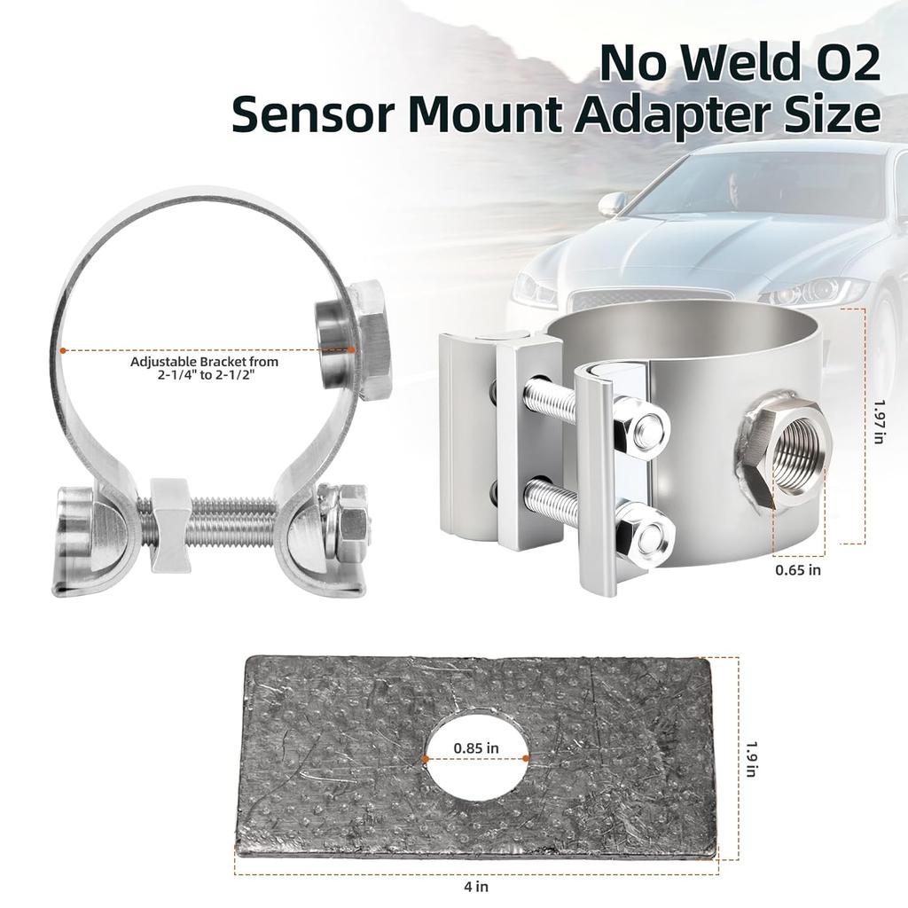 Car Oxygen Sensor Adapter Fit For 2-1/4"-2-1/2" Oxygen Sensor Pipe For Automotive Oxygen Sensors, No Weld Design Clamp On O2 Sensor Bung, Clamp-On
