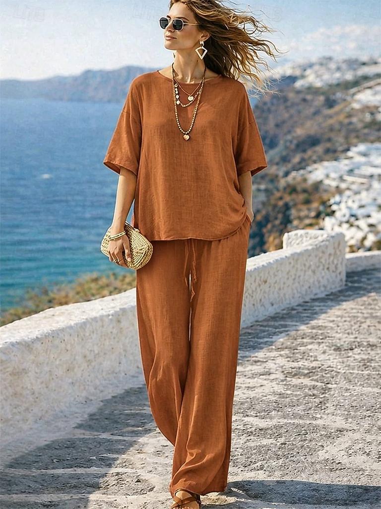 European and American 1-piece set 1116 summer casual drawstring pocket set half-sleeved crew neck top wide-leg pants set