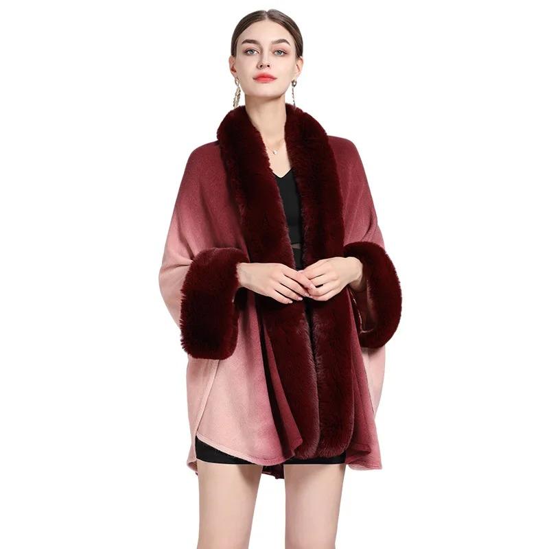 6 Gradient Colors Women Long Faux Rabbit Fur Collar Poncho Cape Knitted Cardigan Outstreet Wear Loose Cloak Batwing Sleeves Coat
