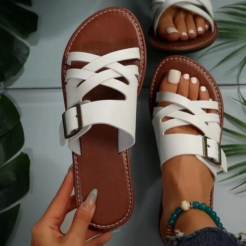 Летние однотонные сандалии на плоской подошве Popula 2024, уличные тапочки с открытым носком, пляжная женская обувь, большие размеры, шлепанцы Zapatos De Mujer