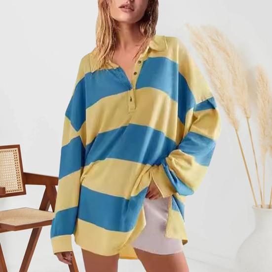 Yousheng Женская толстовка с цветными блоками, полосатым отложным воротником, длинными рукавами, пуговицами, свободным пуловером, повседневная домашняя одежда, спортивная одежда