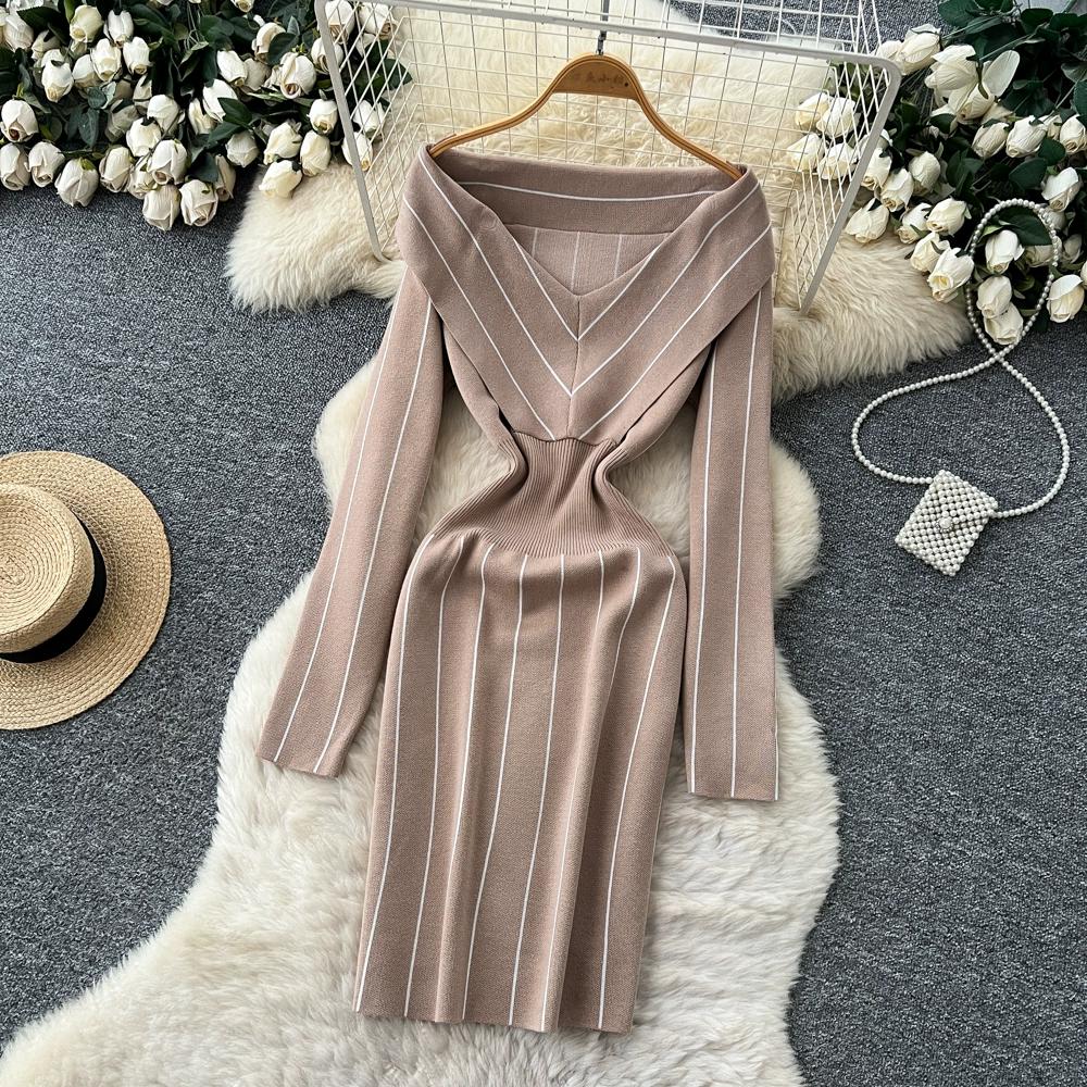Осень Зима Женский Повседневный Вязаный Свитер с V-образным вырезом и длинным рукавом в полоску, Облегающее Платье-футляр