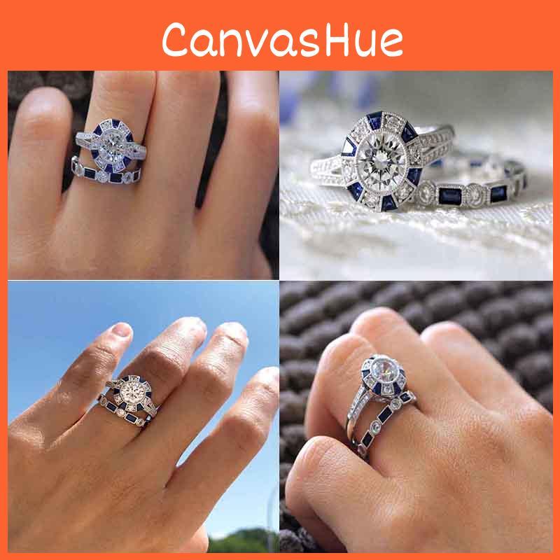 Stunning Geometry-inspired Silver Plated Blue Sapphire And Topaz Wedding Ring Set