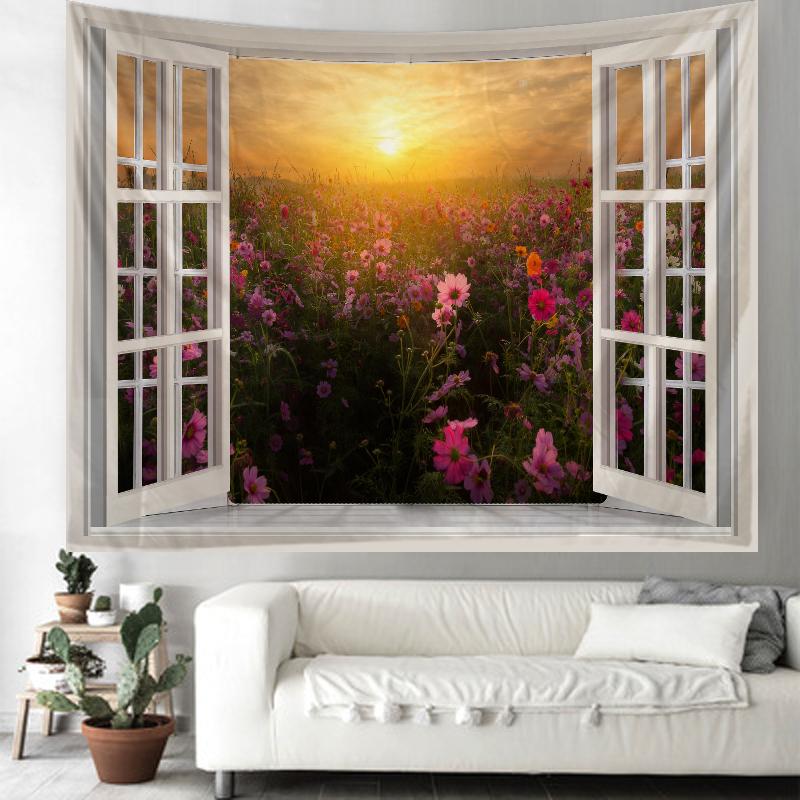 Окно дома арт-деко гобелен психоделическая сцена хиппи богемные украшения листы коврик для йоги украшение стены спальни