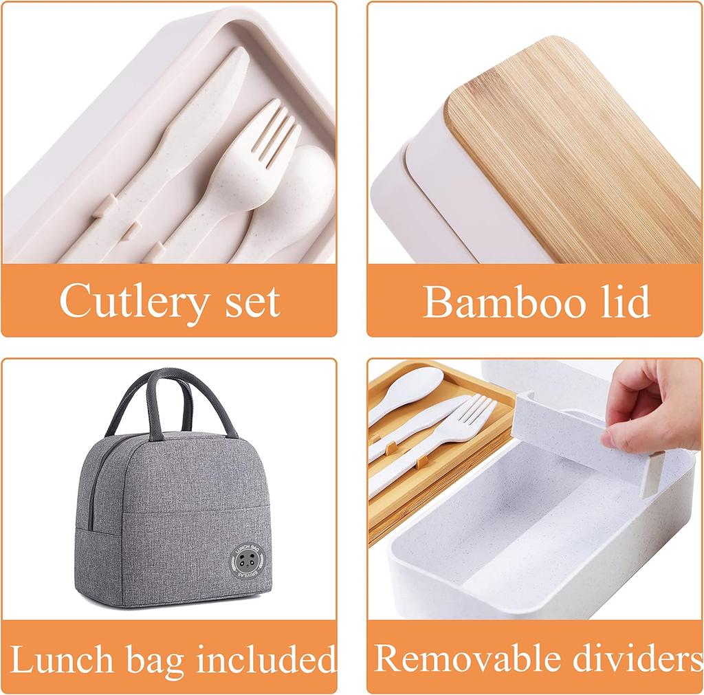 White Double Layer Wood Grain Bento Box Microwave Safe Large Capacity Lunch Container without Thermal Bag