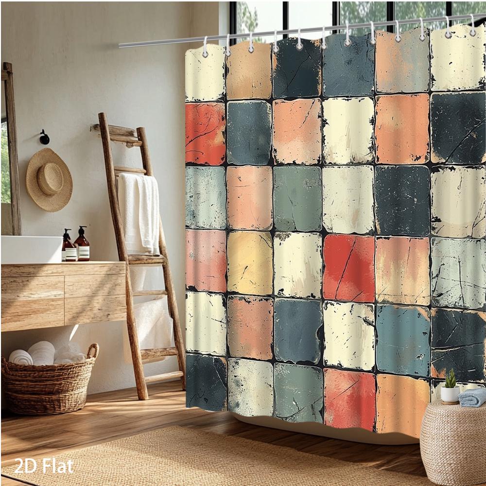 Retro Spanish Mosaic Shower Curtain – Vintage Mediterranean Bath Decor, Multi-Color Tile Design, Machine Washable