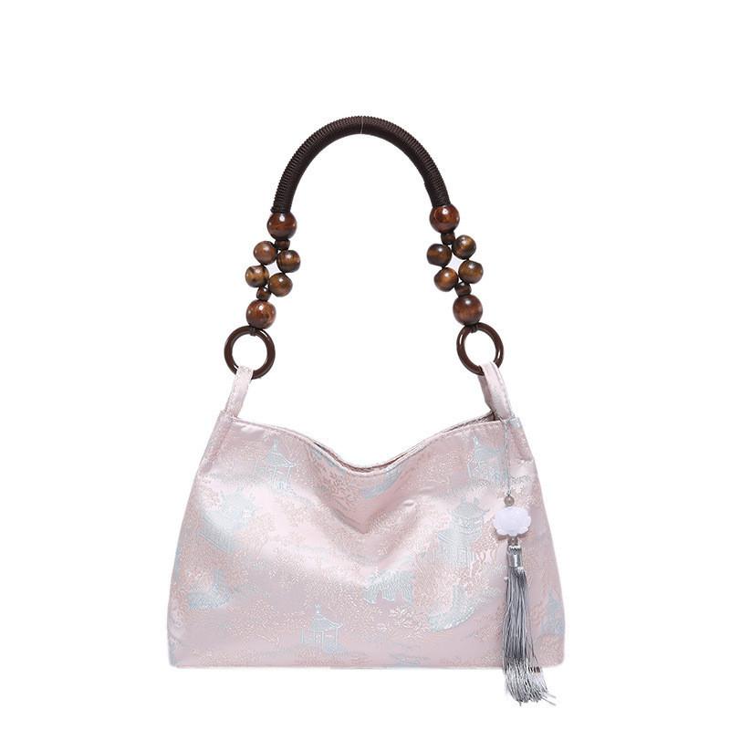 Стильная шелковая жаккардовая сумка-тоут для женщин с элегантным винтажным дизайном в розовом, желтом и белом цветах