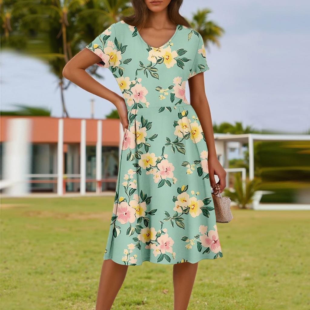 Ladies Summer Fashion Casual Floral Print V-Neck Short Sleeve Pocket Dress