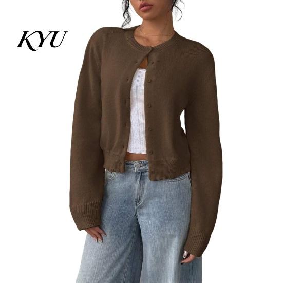 Casual Knitwear Women Round Neck Knit Sweater, Solid Color Button-Up Cardigan for Waist Length Pullover Fall Winter, Long Sleeve Short Top Sweater
