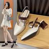 2025 Spring and Summer New Single Shoes Women's Pointed Head Thick Heel Bag Head Women's Shoes Middle Heel One-word Buckle High Heels Hollow Women's