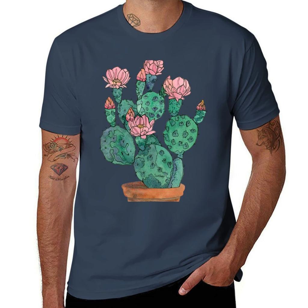 Watercolor And Ink Cactus In Terracotta Pot Botanical Succulent Art Print Tshirt Worker Basic Short Sleeve Tee