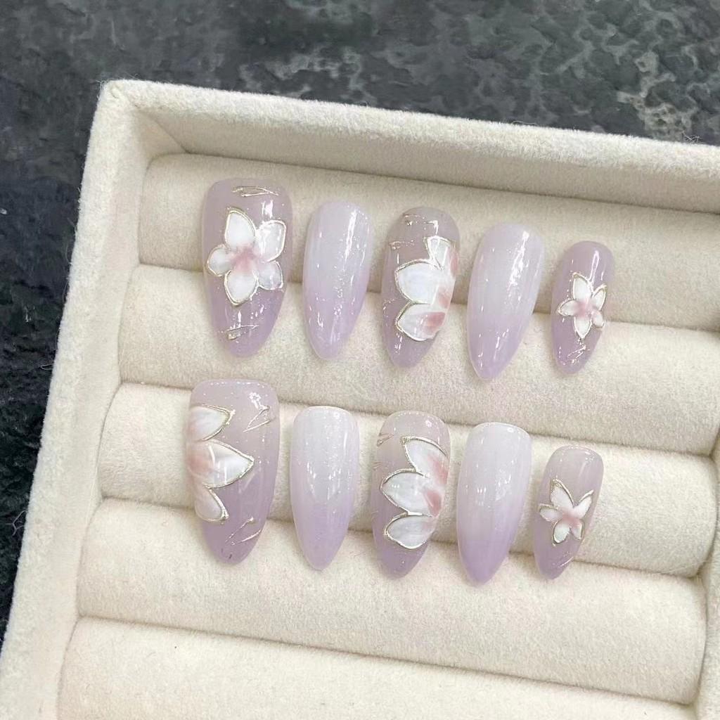 HANDMADE Artificial Nail Almond Purple Fairy Ice Flower Ice Phototherapy Nails Fake Nails Reusable and Removable Nails