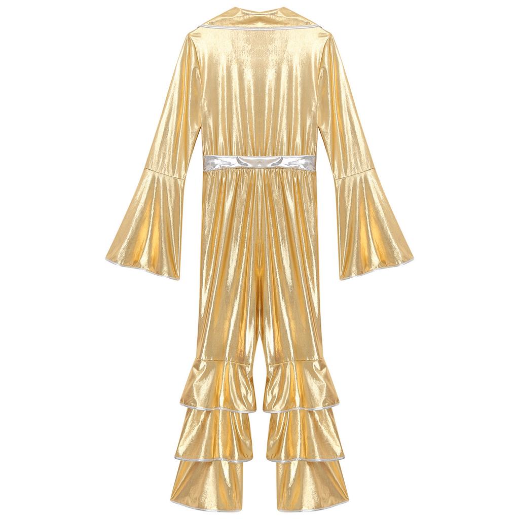 Women Flared Jumpsuit Bar Nightclub Disco Costume Sparkle Retro Cosplay Prom Party Costume 70s 80s Disco Outfit One Piece