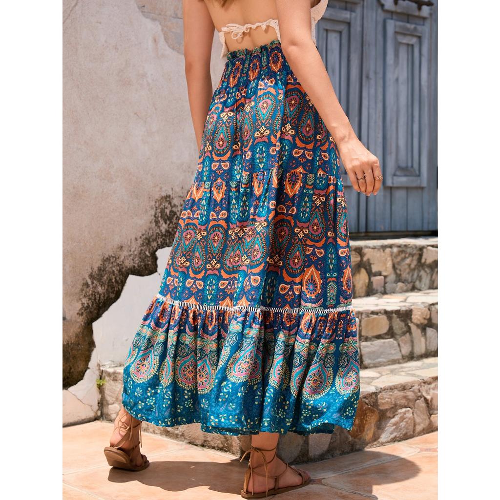 Women's Elastic Waist Maxi Skirt Loose Fit Boho Printed Long Skirt Tiered RAYON 100% Beach Vacation Flowy Midi Skirt