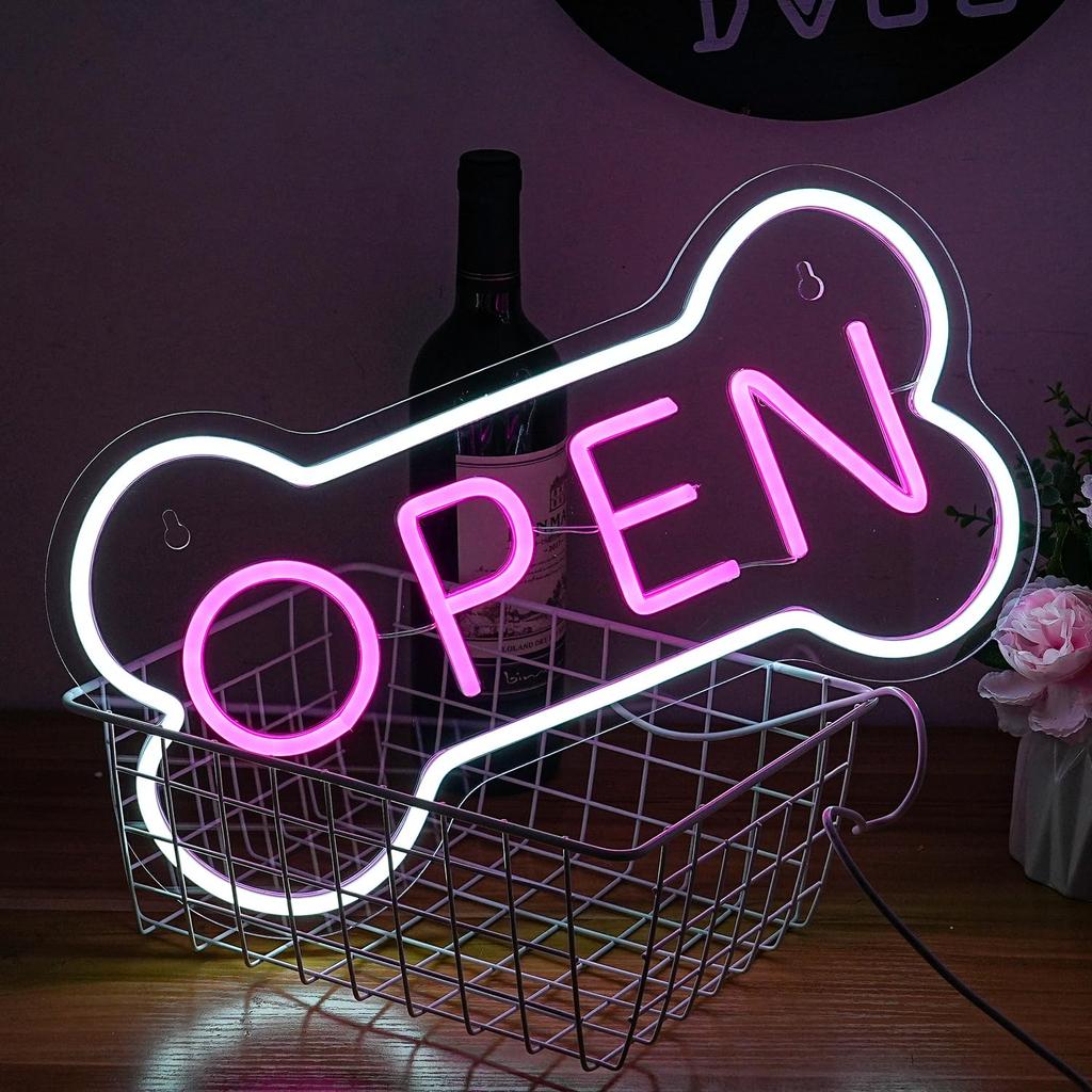 Alkkign Pet Shop Open Neon Logo White Pink Alphabet Neon Logo Wall Decor Dog Bone Neon Logo Art Pet Shop Brightness Adjustable Pet Shop Hotel Wall