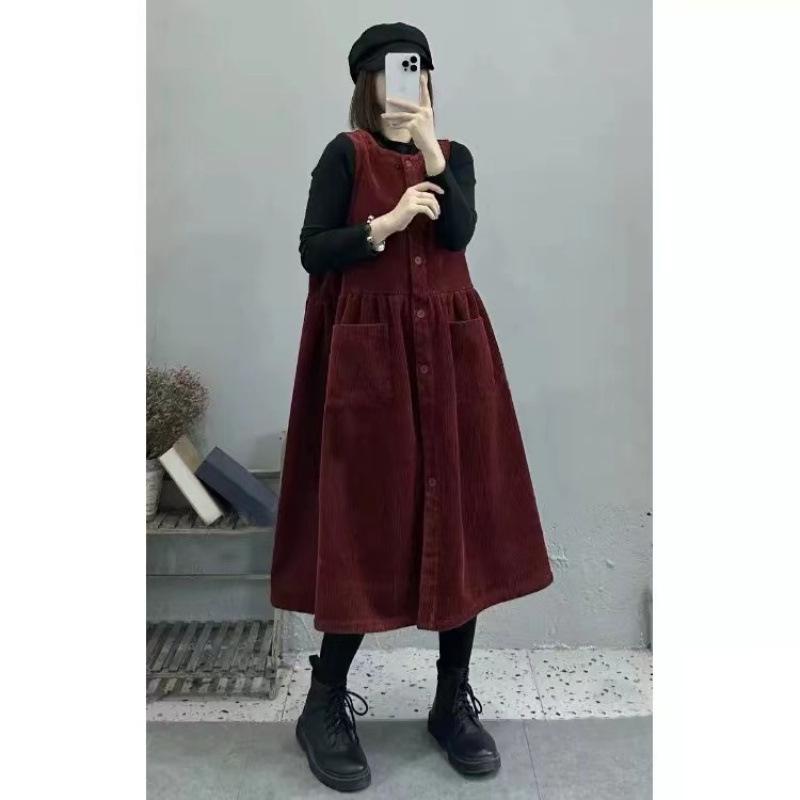 Платье-жилет из вельвета в стиле ретро осень/зима 2024 года — свободная, омолаживающая, универсальная юбка для женщин