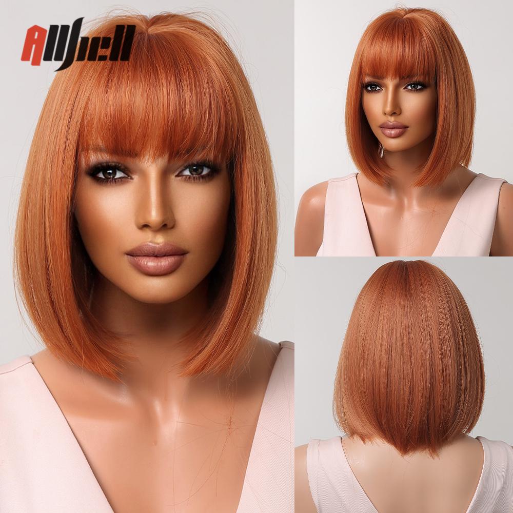Synthetic Bob Hair Wig with Bangs Ombre Platinum Blonde Cosplay Wigs for Women Short Heat Resistant Female Daily Lolita Wavy Wig