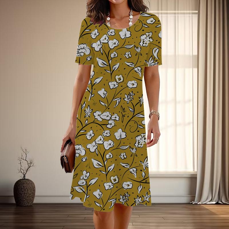 Женская мода изящный цветочный принт принт лето весна короткий рукав О-образный вырез повседневные платья