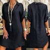 Women Fashion Plus Size Solid Cotton Linen Turn Down Collar Loose Shirt Dress