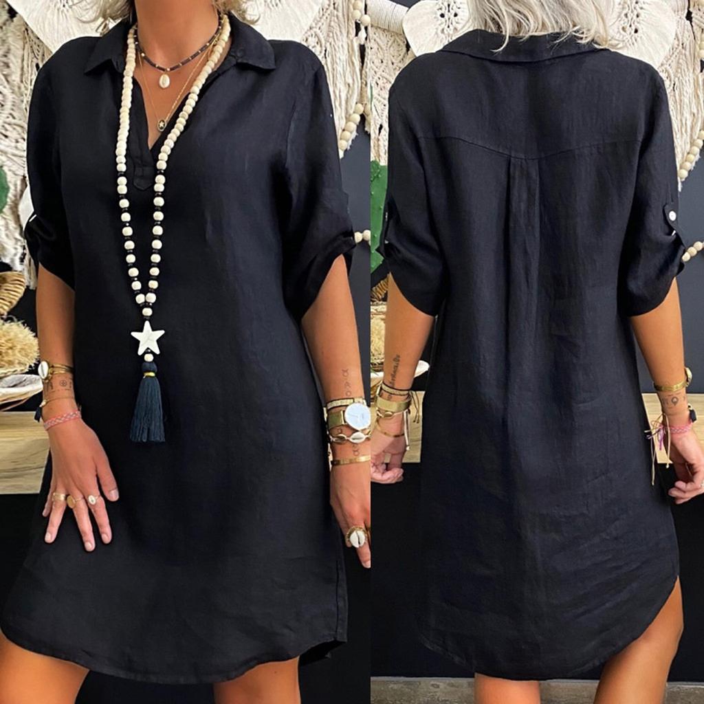 Women Fashion Plus Size Solid Cotton Linen Turn Down Collar Loose Shirt Dress