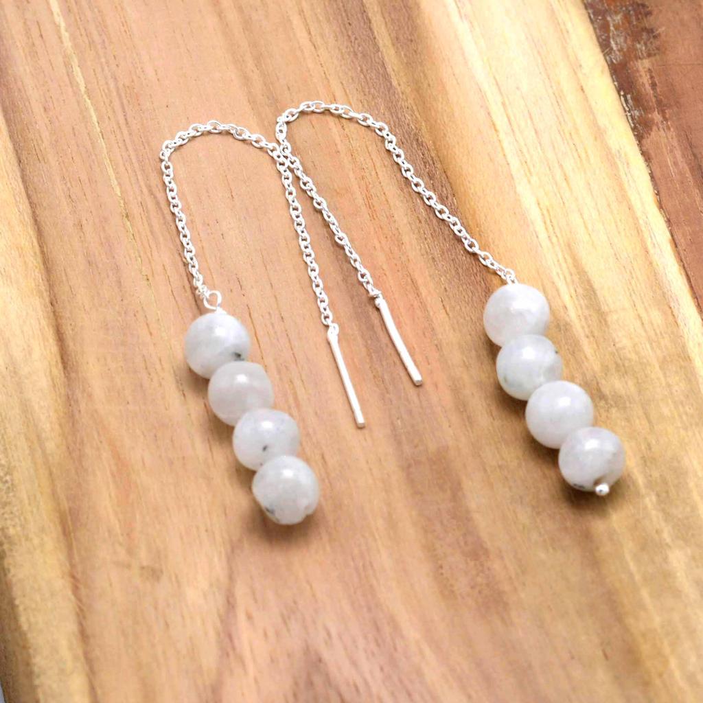 Moonstone 925 Silver Threader Earrings, Natural Gemstone Women Handmade Fringe Earrings