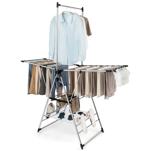 Giantex Folding Clothes Drying Rack, No Assembly Required, 157.5cm Wide, with Rod, Laundry Dryer, Indoor Clothes Drying Rack, Towel Hanger, Clothes Dr