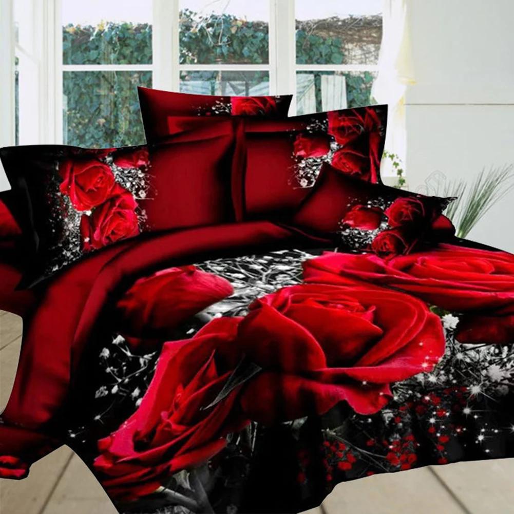 4 PCS 3D Big Red Rose Floral Bedding Sets Wedding Duvet Cover Sheet Pillow Cases Double Bed Sheet Comforter Quilt King Size